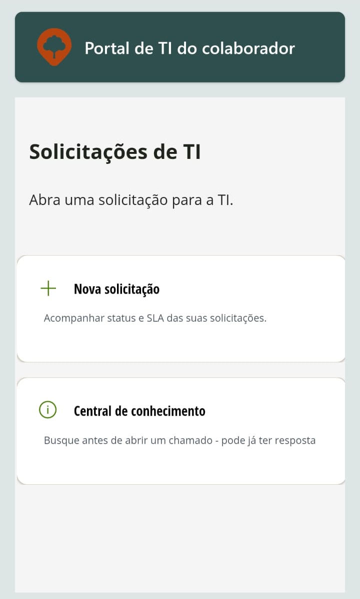 Tela inicial do Portal de TI do colaborador, com os botões Nova solicitação e Central de conhecimento