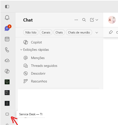 Barra lateral do Teams no computador, com o ícone Service Desk — TI destacado