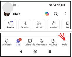 Teams no celular: toque em Mais no canto inferior direito do menu Chat